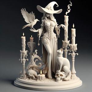 337 Elegant Witch with Candles, Raven, and Cat - Full-Body Figurine, 3d model, statue, 3d print, magic, collectible, creature, dinosaur, sculpture, bear, troll, monkey, witch, club, werewolf, serpent, cat, fantasy, fairy
