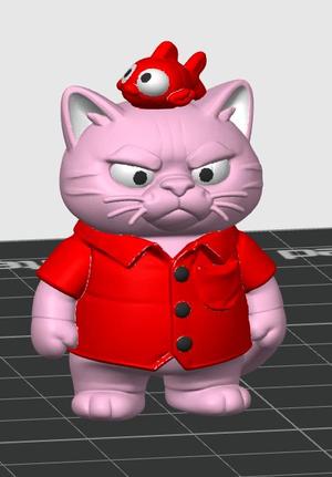 Cuddly tomcat with red costume and FISH on HEAD