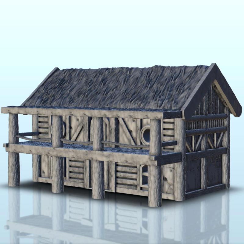 Building with thatched roof and large wooden terrace (7) - Medieval building middle age
