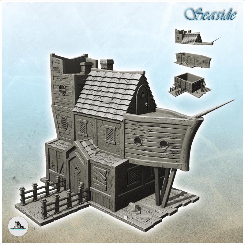 Boat-shaped medieval building with tiled roof (8) - Pirate Jungle Island Beach Piracy Caribbean Medieval Skull Renaissance