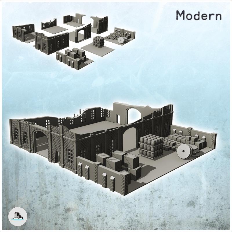 Large multi-storey brick industrial warehouse with outdoor storage area (ruined version) (26) - Modern WW2 WW1 World War Diaroma Wargaming RPG Mini Hobby