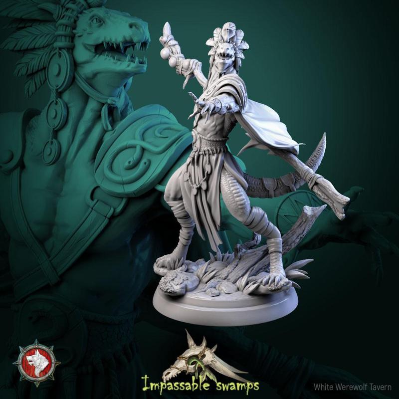 Lizardfolk Sorcerer 32mm and 75mm pre-supported