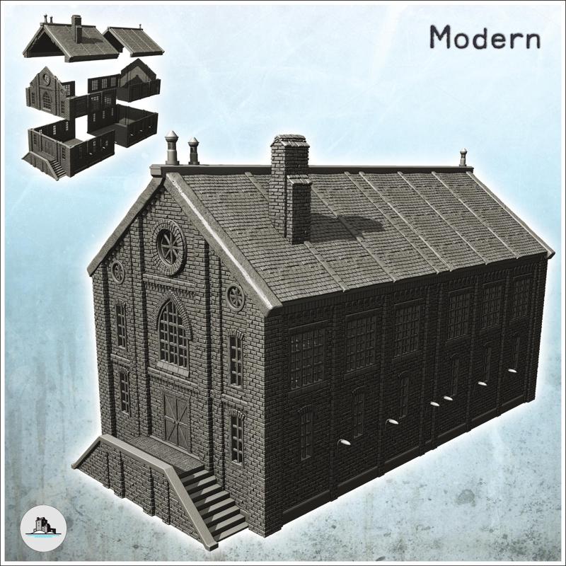 Large modern brick factory with large windows and platform access stairs (24) - Modern WW2 WW1 World War Diaroma Wargaming RPG Mini Hobby