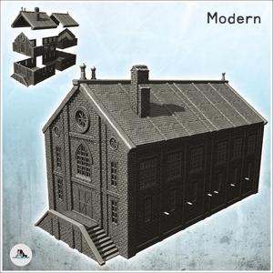 Large modern brick factory with large windows and platform access stairs (24) - Modern WW2 WW1 World War Diaroma Wargaming RPG Mini Hobby
