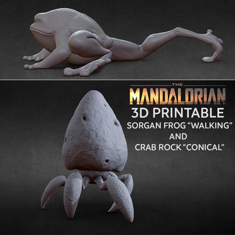 3D PRINTABLE CRAB ROCK CONICAL AND SORGAN FROG WALKING THE MANDALORIAN
