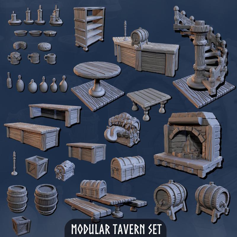 Medieval Tavern Set - Modular Tavern Set - Keep - Inn - Medieval Tavern - Medieval Inn - Medieval Keep - Tavern Bundle - Tavern Building - House - Building - Furniture