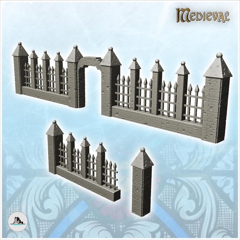 Iron fence set with stone posts and gate (2) - Modern WW2 WW1 World War Diaroma Wargaming RPG