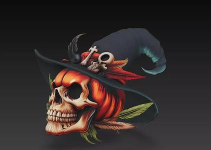 Pumpkin Skull with Witch Hat - Stylized Halloween 3D Model