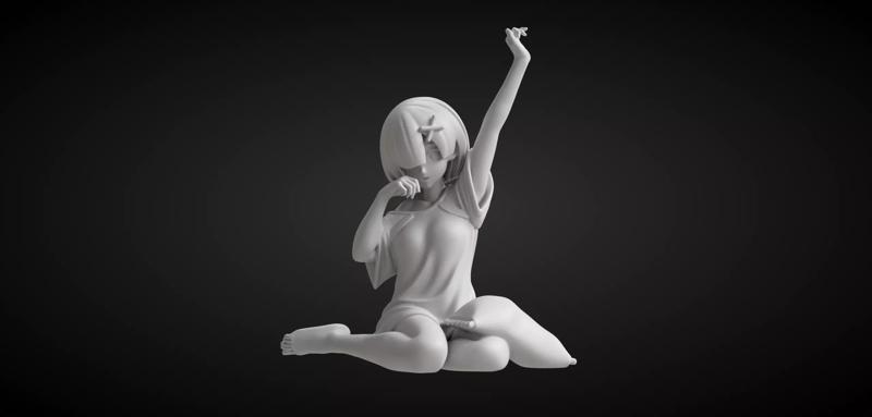 Anime Girl Morning Stretch Pose  Cute Sitting Figurine STL