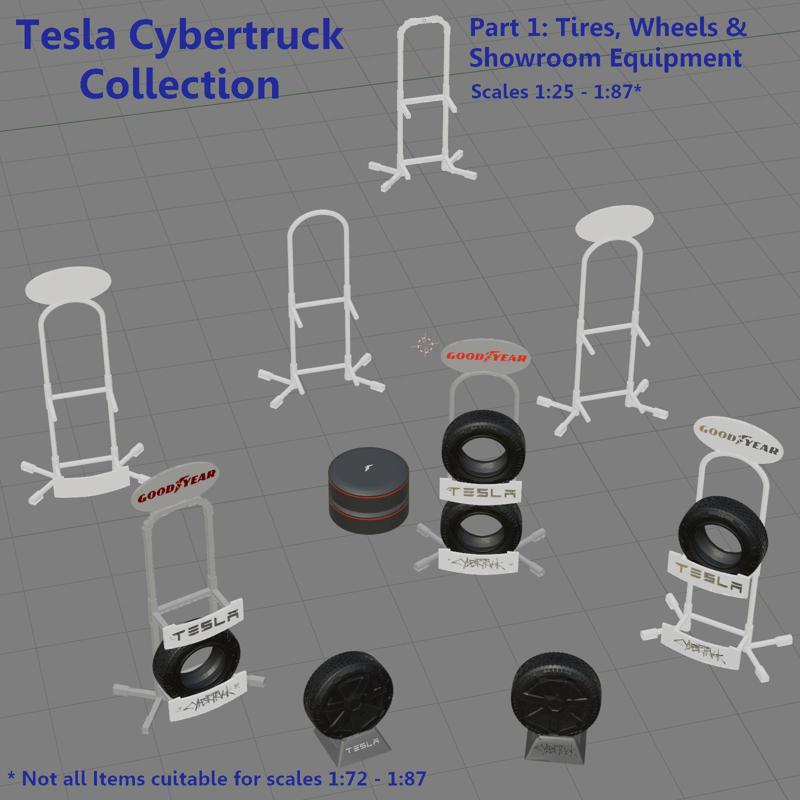 Tesla Cybertruck tires, wheels and showroom equipment  1:25, 1:43, 1:64