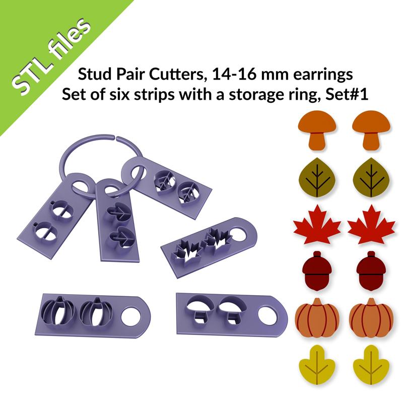Fall stud cutters, pairs of 14-16mm cutters, six shapes, with a storage ring, leaf, acorn, pumpkin, maple, mushroom shapes