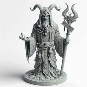 Old Magician Standing Beard Stick Horned Clothes Showpiece 3D Print
