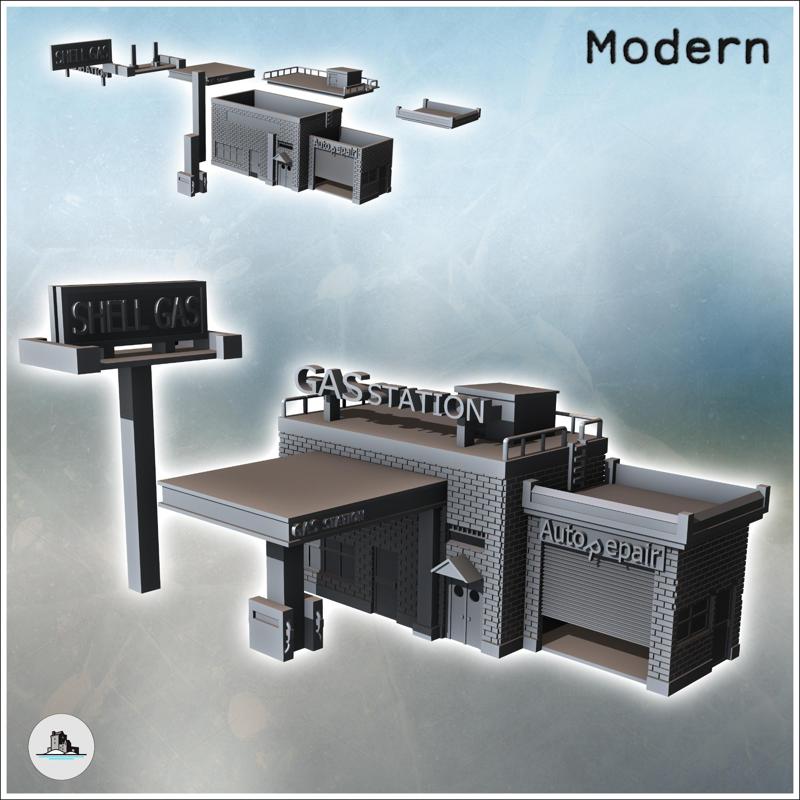 Modern petrol station with large sign and shop under awning (7) - Cold Era Modern Warfare Conflict World War 3 RPG  Post-apo WW3 WWIII