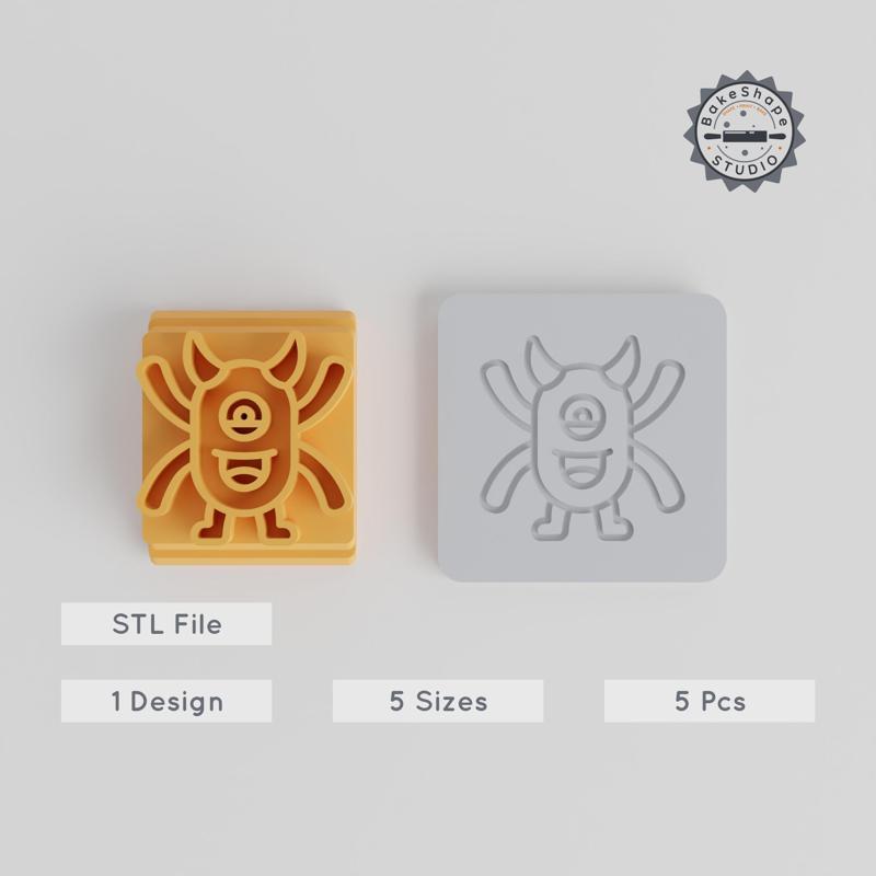 Four Arms Horn Monster Stamp Tile Set, 5 Sizes for Clay, Cookies & Fondant, Cartoon Horned Creature Motif