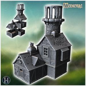 Medieval half-timbered building with stone tower and fireplaces (40) - Medieval Gothic Feudal Old Archaic Saga 28mm 15mm RPG