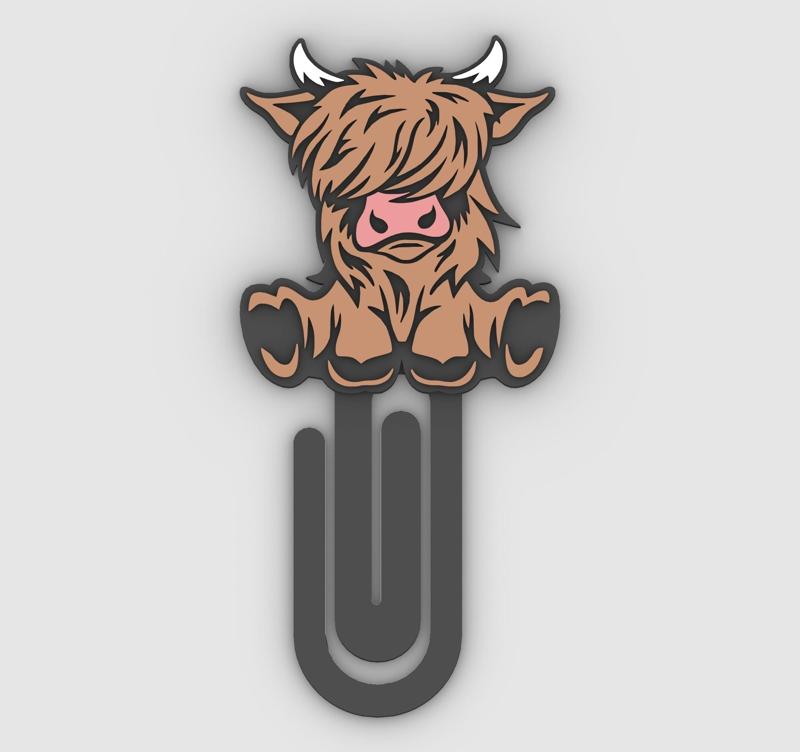 Highland cow sitting - Paper clip, bookmark - 3MF pre-painted , STL