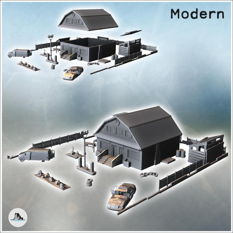 Post-modern farm with a large building with a grand access staircase, wooden fence, and vehicle carcasses (9) - Medieval Gothic Feudal Old Archaic Saga 28mm 15mm RPG