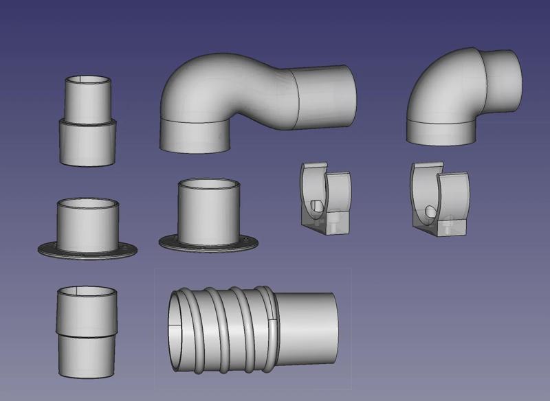 50mm air hose, vacuum, or pipe system: Adapter, angle, connector, and clip collection, threaded