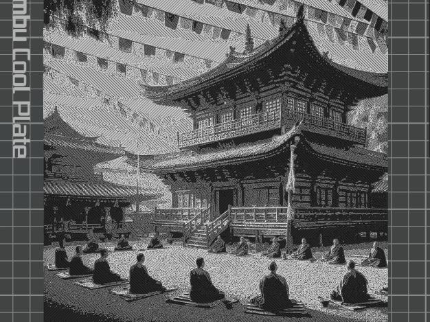 Buddhist pagoda with monks