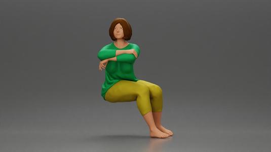 Calm woman sits midair with grace arms folded legs crossed in peace