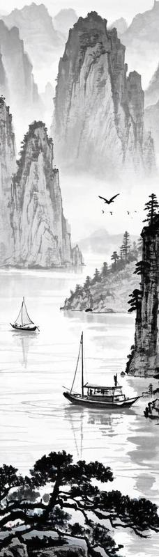 Ink Wash Bookmark -- Fishing Boats in the Three Gorges