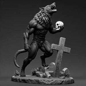2008 Howling Werewolf with Skull - 3D Printed Statue, magic, dragon, serpent, mask, gnome, gorgon, venetian carnival, wild, fox, monster, cat, fair, witch, werewolf, horror, beast, snake, troll, skeleton dance