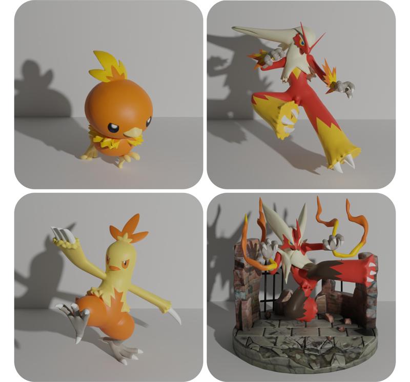 Torchic, Combusken, Blaziken and Mega Blaziken 3D print model