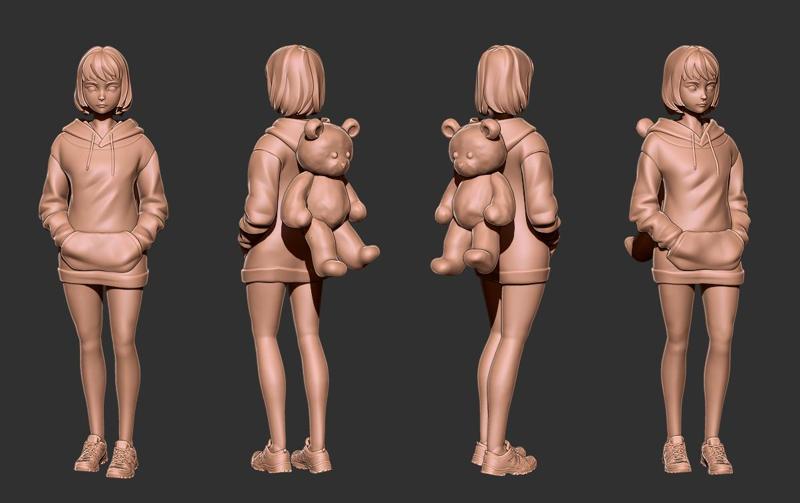 girl carrying teddy bear
