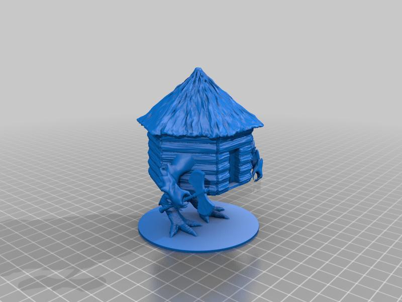 Baba yaga hut w owlbear arms and a axe