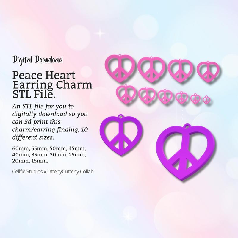 Peace Heart Earring Charm STL File - Digital Download -10 Sizes- Necklace Earring Keyring Modern Design