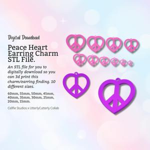 Peace Heart Earring Charm STL File - Digital Download -10 Sizes- Necklace Earring Keyring Modern Design