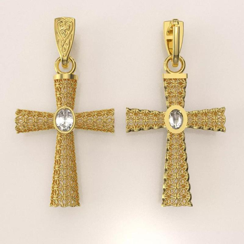 Cross 3D print model gold pendant with diamond in center