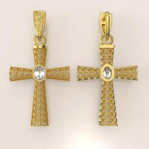 Cross 3D print model gold pendant with diamond in center