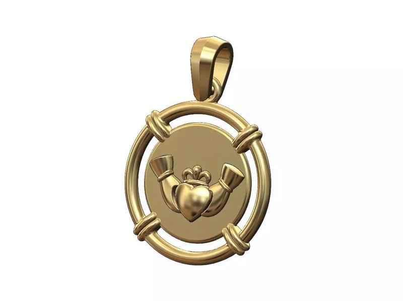 Linked wire halo Claddagh heart crown coin pendant with bail