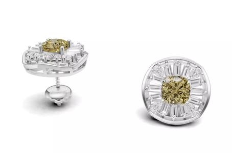 Cushion Yellow Diamond Stud With Baguette and Pear