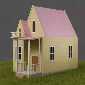 3D Stylized House Model with Balcony and Pink Roof