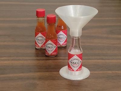 Mini Tobasco funnel and bottle holder for refilling tiny Tobasco bottles