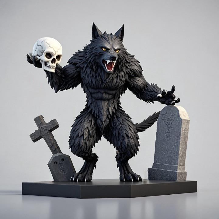 2141 Werewolf Howling with Skull - 3D Model, magic, dragon, serpent, mask, gnome, gorgon, venetian carnival, wild, fox, monster, cat, fair, witch, werewolf, horror, beast, snake, troll, skeleton dance