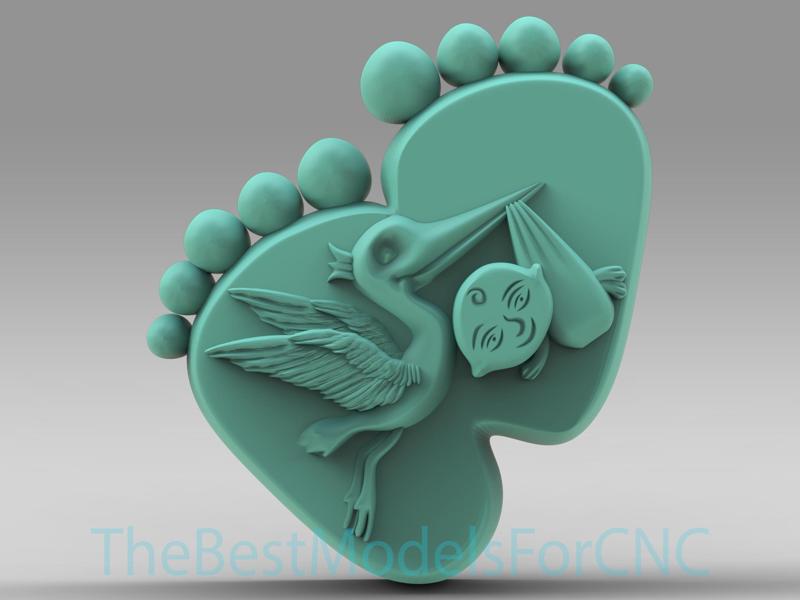 3D Model STL File for CNC Router Laser & 3D Printer Baby Feet With Stork