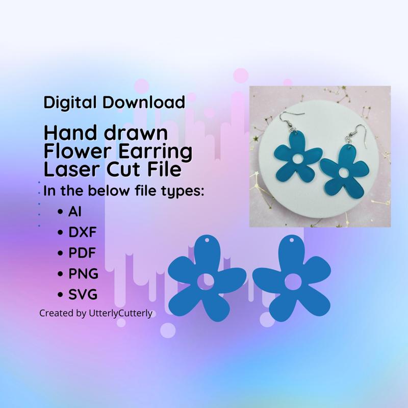 Hand drawn Flower Earring Laser Cut File- svg, Dxf, Pdf & Png