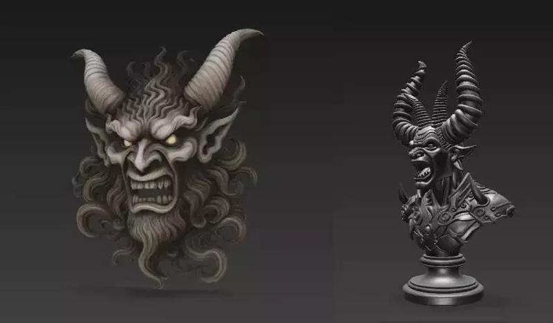 Stylized Demon Mask and Bust Sculpture