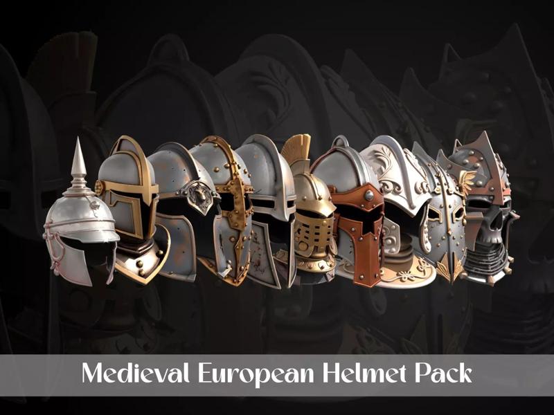 Stylized Medieval European Helmet Pack 3D Model Collection