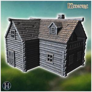 Wooden house with log-style walls, a stone chimney, and a sloped roof with a dormer (36) - Medieval Gothic Feudal Old Archaic Saga 28mm 15mm RPG
