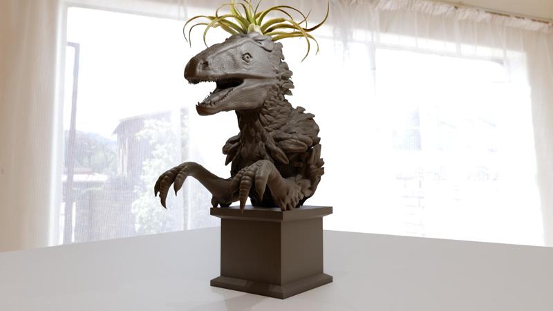 velociraptor dinosaur head bust with arms roaring planter pot flower vase stl
