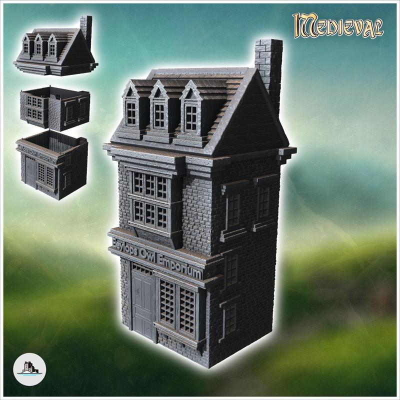 Multi-storey brick store with roof windows, chimney and shopfront sign (7) - Medieval Gothic Feudal Old Archaic Saga 28mm 15mm RPG