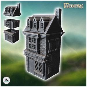 Multi-storey brick store with roof windows, chimney and shopfront sign (7) - Medieval Gothic Feudal Old Archaic Saga 28mm 15mm RPG