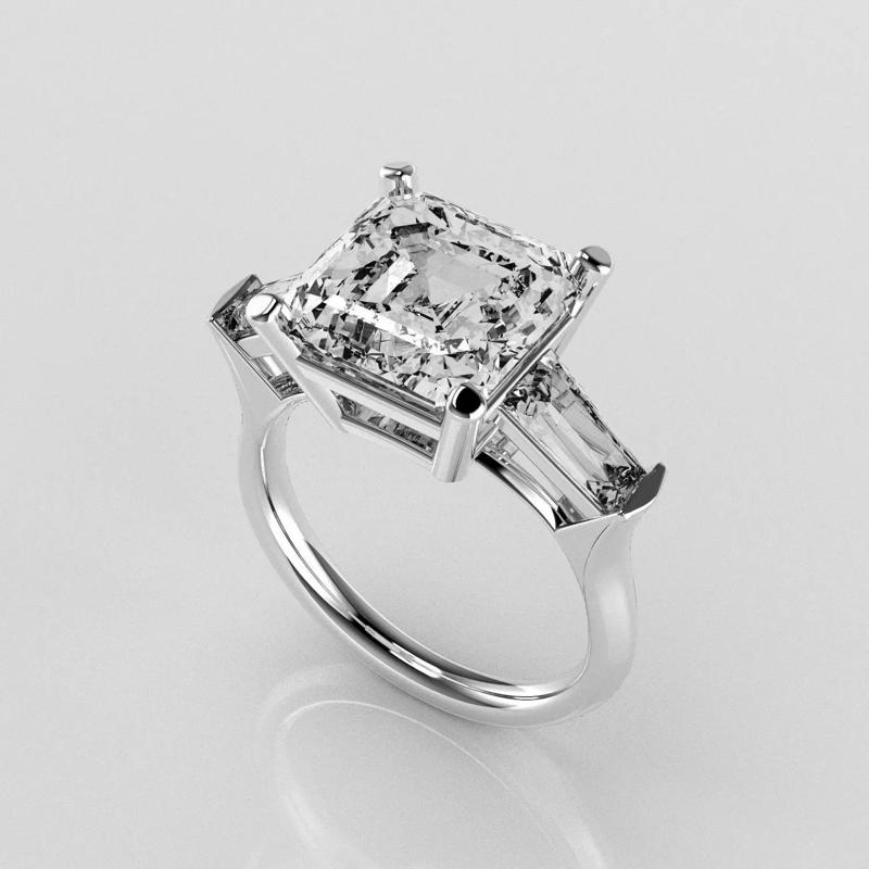 Classic Three Stone Ring - 10 mm Ascher cut - Tapered Baguettes