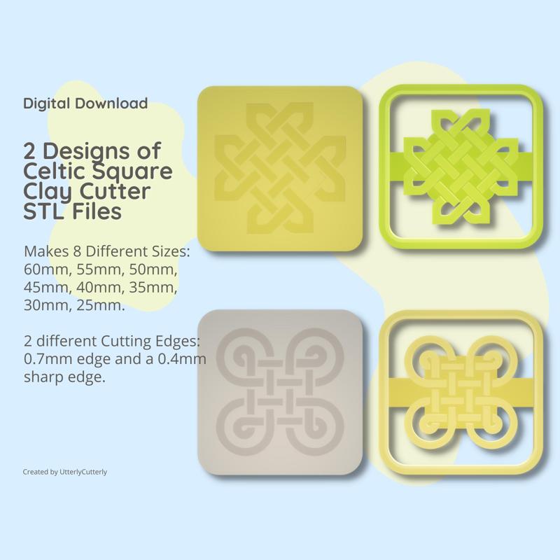 Celtic Square 1 & 2 Knot Clay Cutter - STL Digital File Download- 8 sizes and 2 Cutter Versions