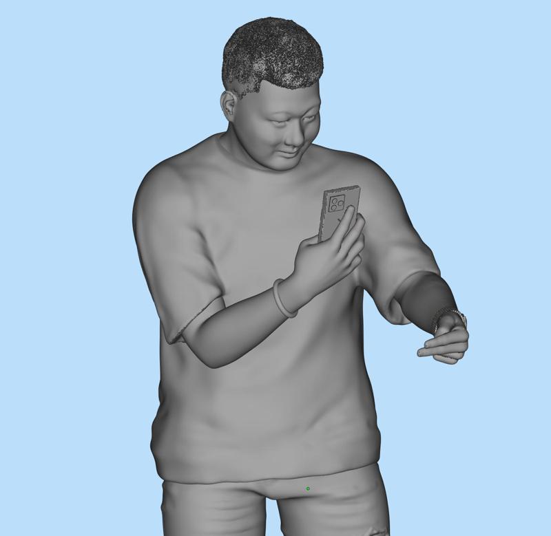 Man covering his license plate with his hand while taking a photo with his phone. character scene model