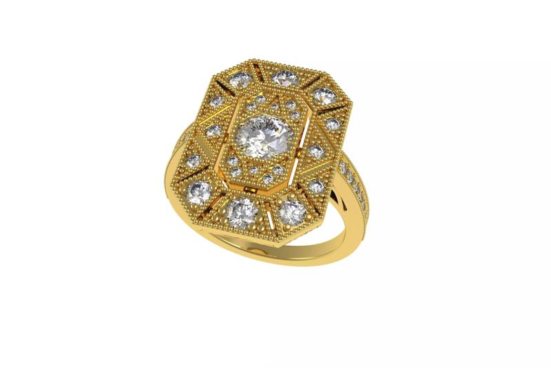 Round Diamond Emerald Shape Art Deco Ring